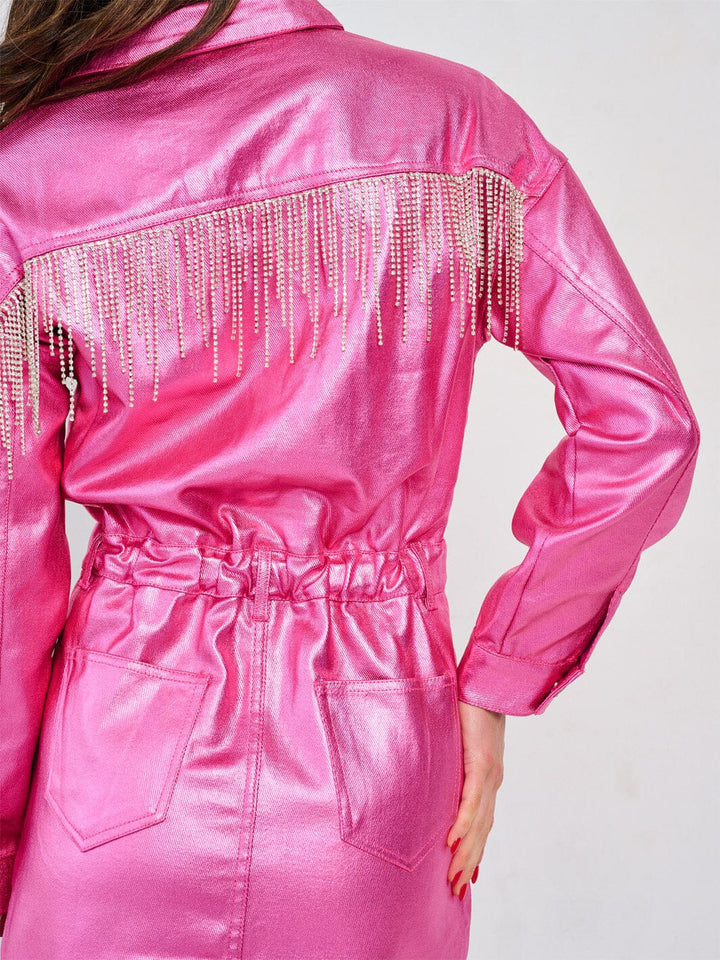 WOMEN'S LONG SLEEVE POCKETS BUTTON UP FRINGE METALLIC MINI DRESS