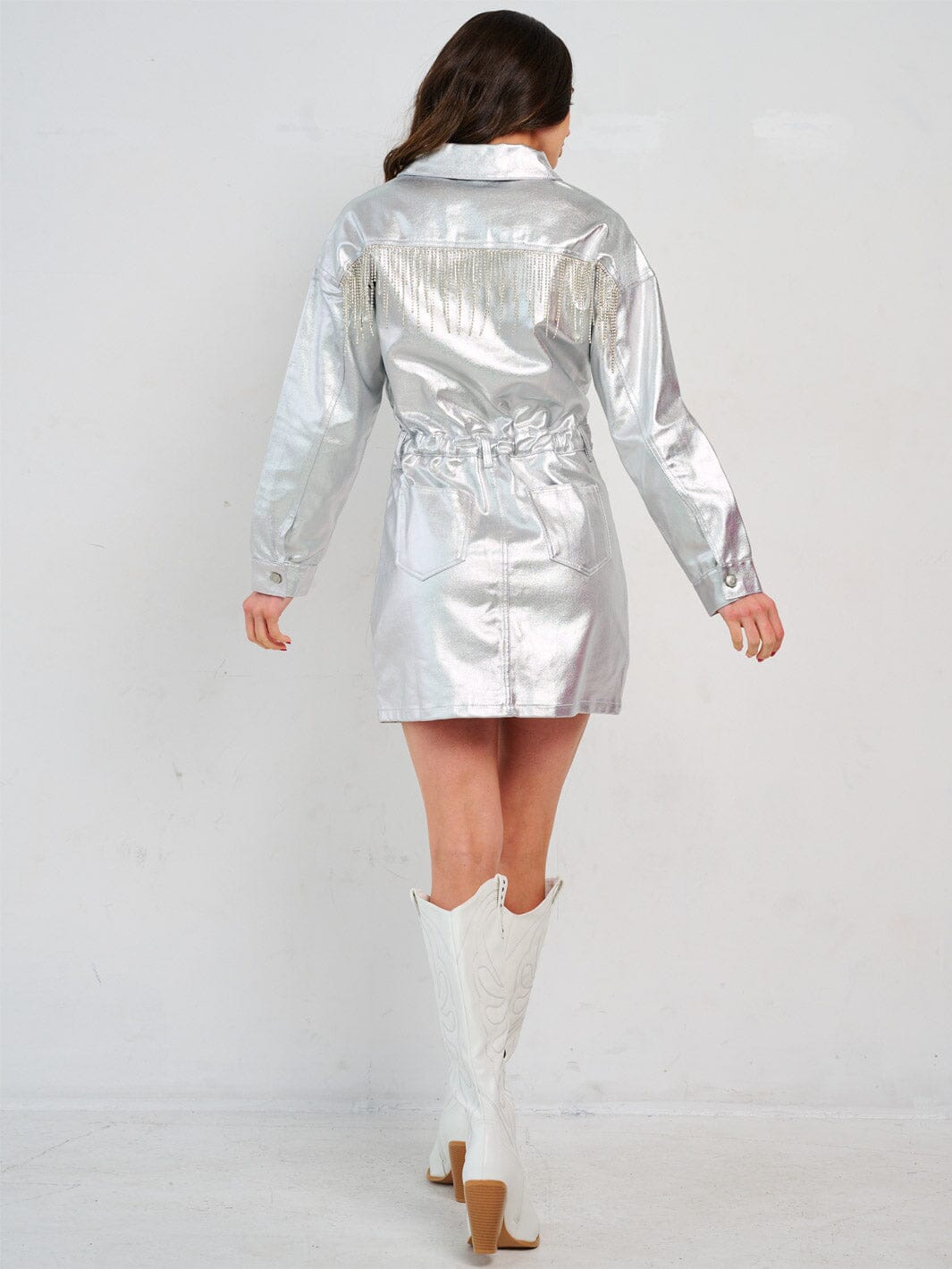 WOMEN'S LONG SLEEVE POCKETS BUTTON UP FRINGE METALLIC MINI DRESS