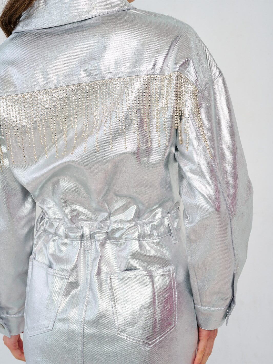 WOMEN'S LONG SLEEVE POCKETS BUTTON UP FRINGE METALLIC MINI DRESS