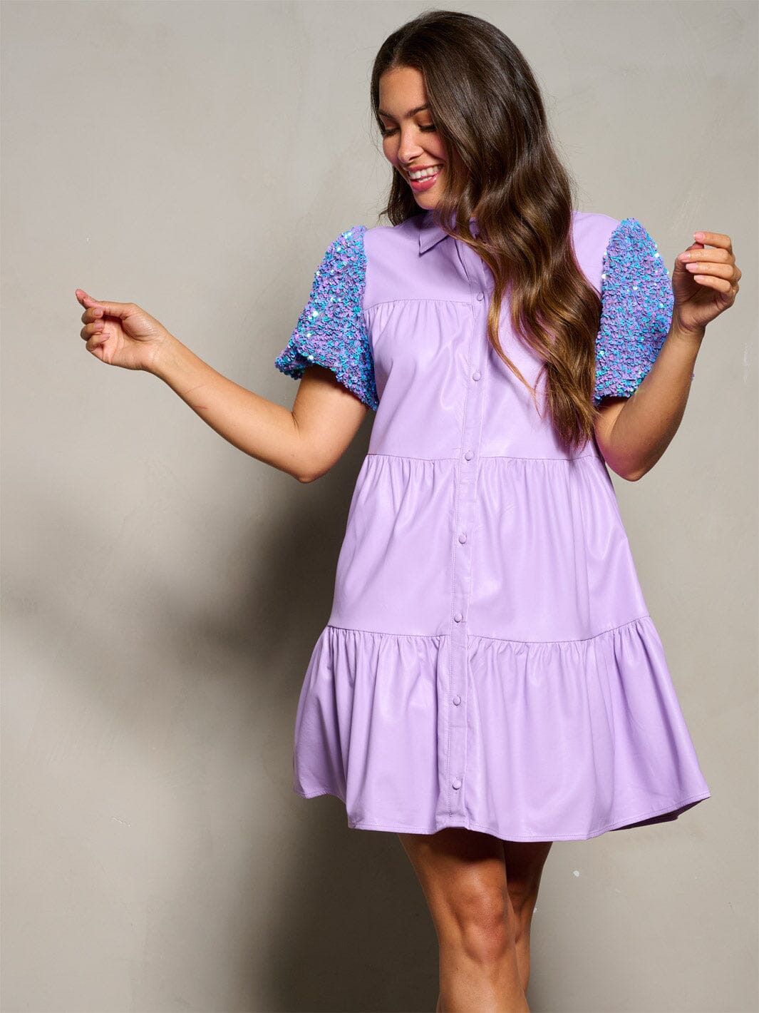 WOMEN'S SHORT SEQUINS SLEEVE BUTTON UP TIERED PU PLEATHER MINI DRESS