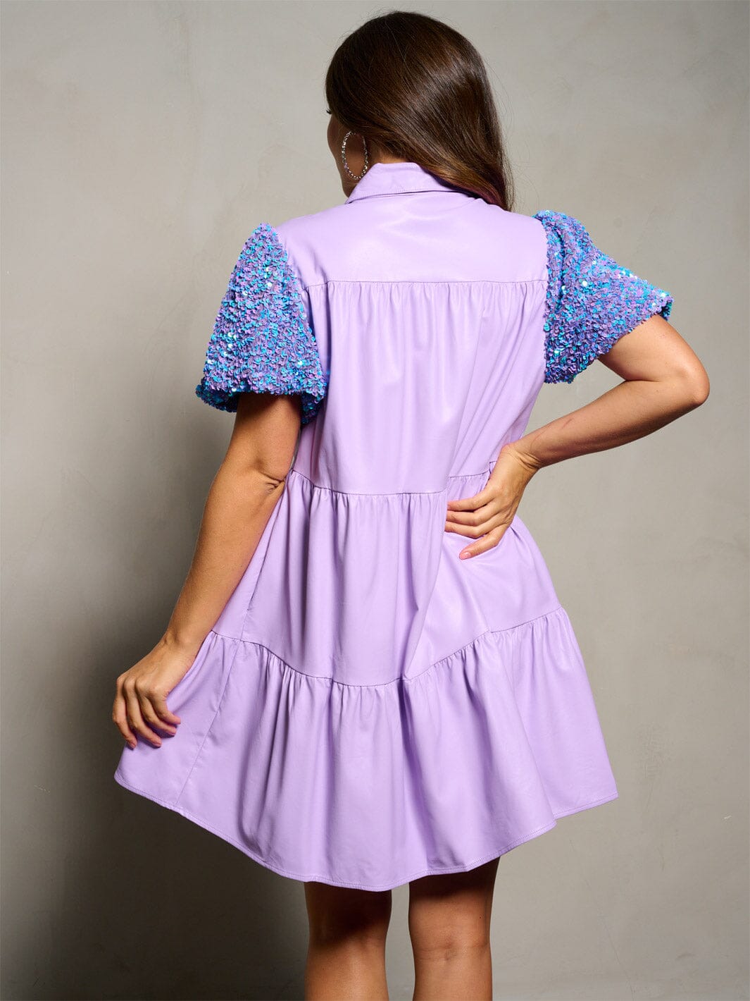 WOMEN'S SHORT SEQUINS SLEEVE BUTTON UP TIERED PU PLEATHER MINI DRESS