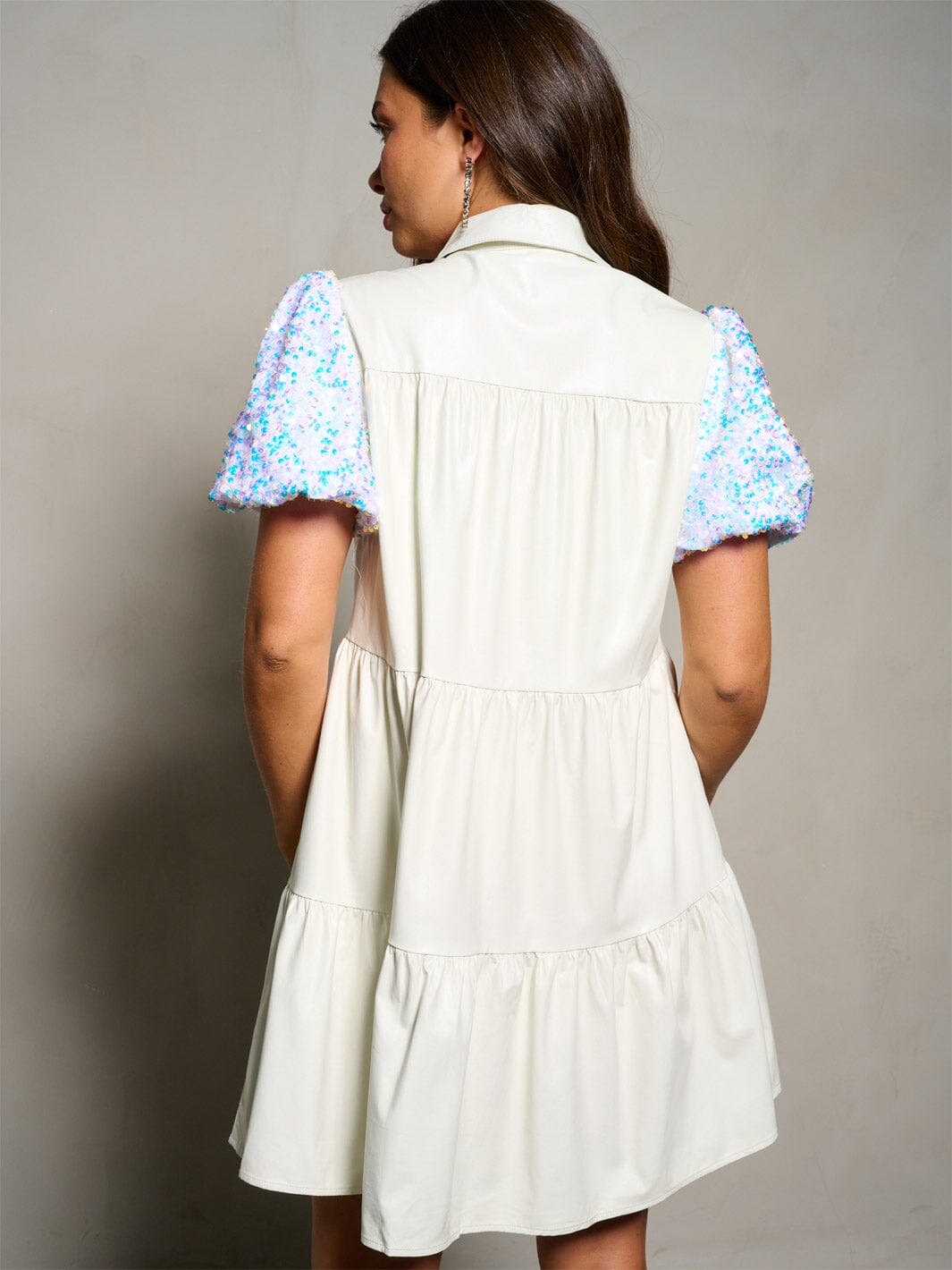 WOMEN'S SHORT SEQUINS SLEEVE BUTTON UP TIERED PU PLEATHER MINI DRESS