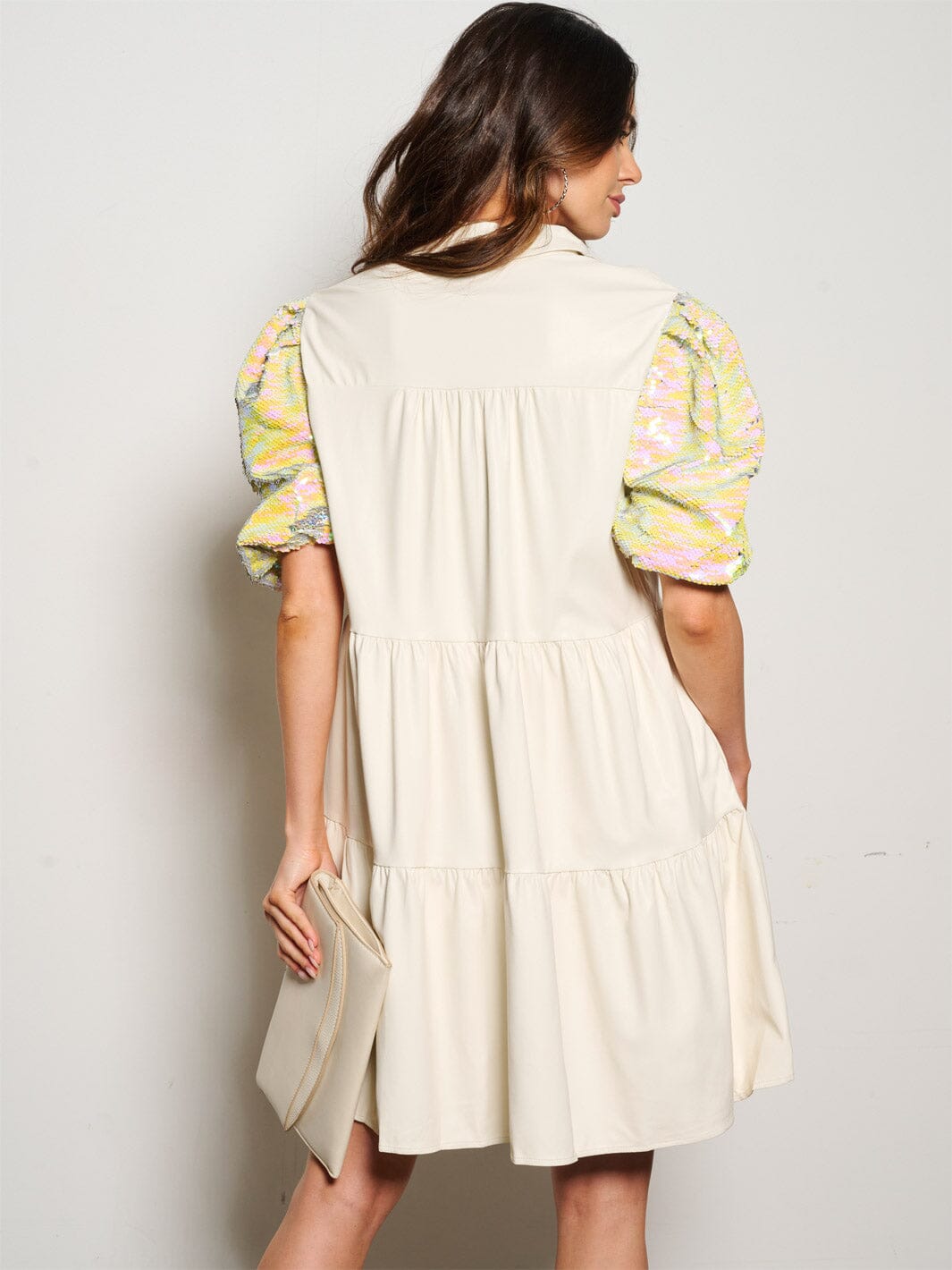 WOMEN'S SHORT SEQUINS SLEEVE POCKETS BUTTON UP PU PLEATHER MINI DRESS