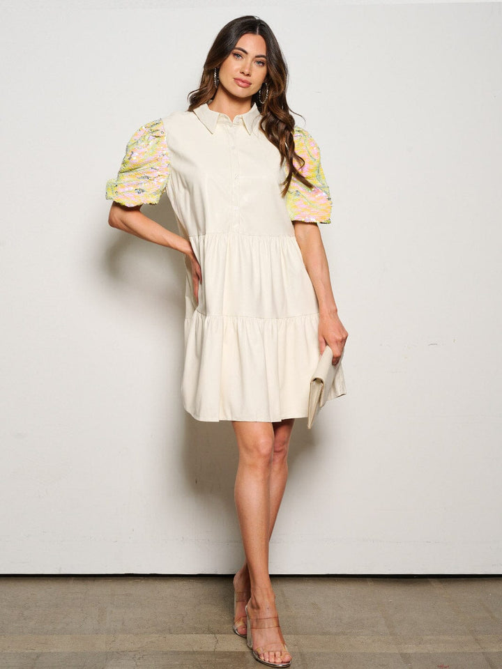 WOMEN'S SHORT SEQUINS SLEEVE POCKETS BUTTON UP PU PLEATHER MINI DRESS