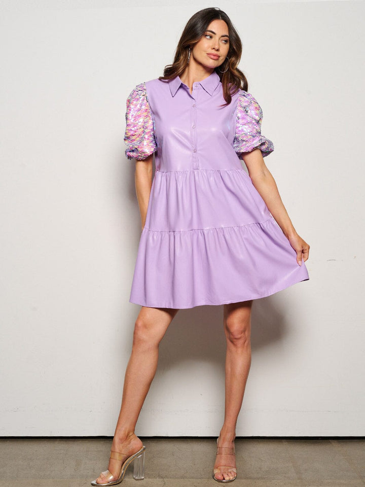WOMEN'S SHORT SEQUINS SLEEVE POCKETS BUTTON UP PU PLEATHER MINI DRESS