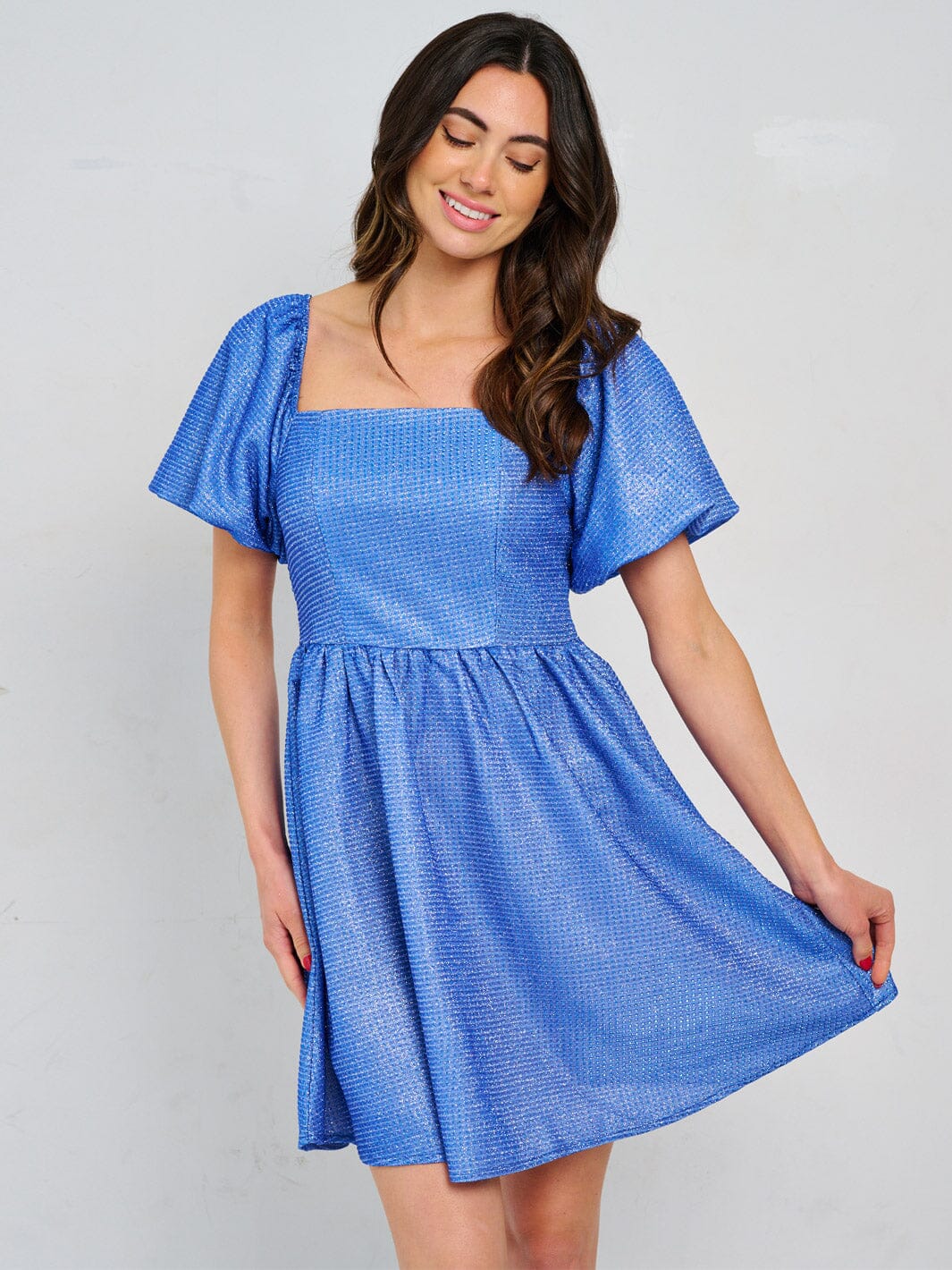 WOMEN'S SHORT PUFF SLEEVE SQUARE NECK SMOCK SEQUINS MINI DRESS