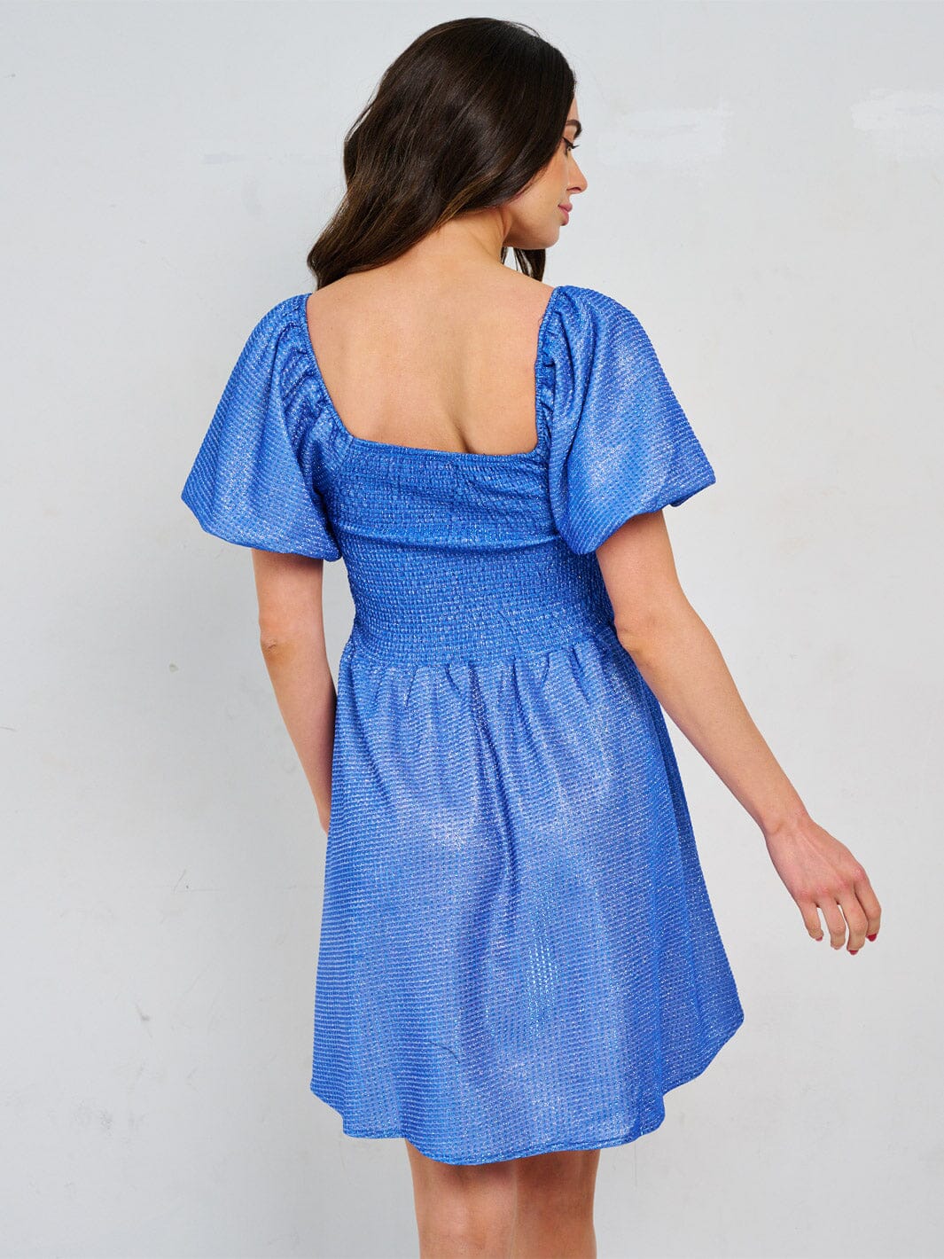 WOMEN'S SHORT PUFF SLEEVE SQUARE NECK SMOCK SEQUINS MINI DRESS