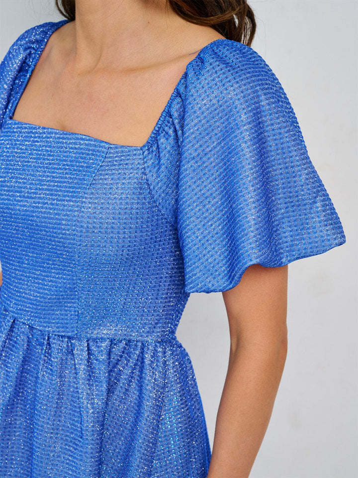 WOMEN'S SHORT PUFF SLEEVE SQUARE NECK SMOCK SEQUINS MINI DRESS