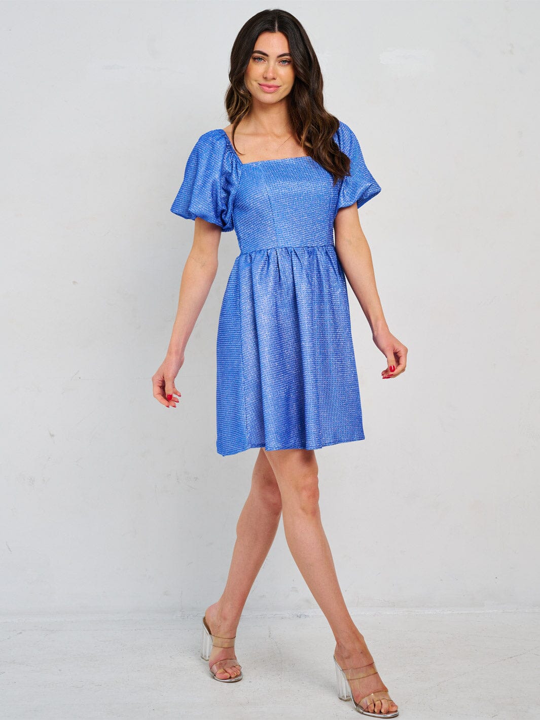 WOMEN'S SHORT PUFF SLEEVE SQUARE NECK SMOCK SEQUINS MINI DRESS