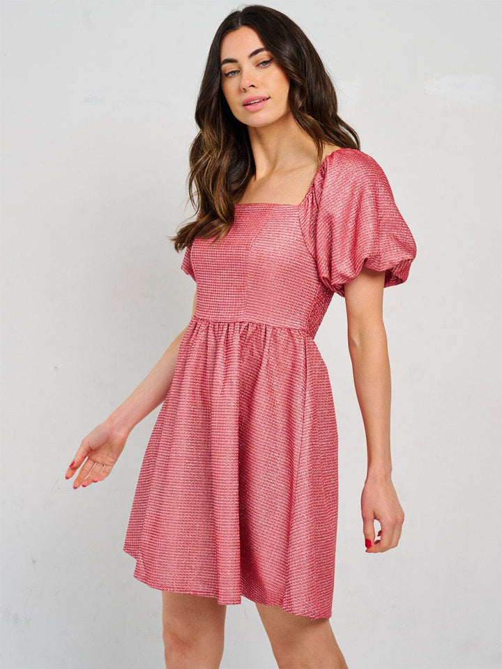 WOMEN'S SHORT PUFF SLEEVE SQUARE NECK SMOCK SEQUINS MINI DRESS