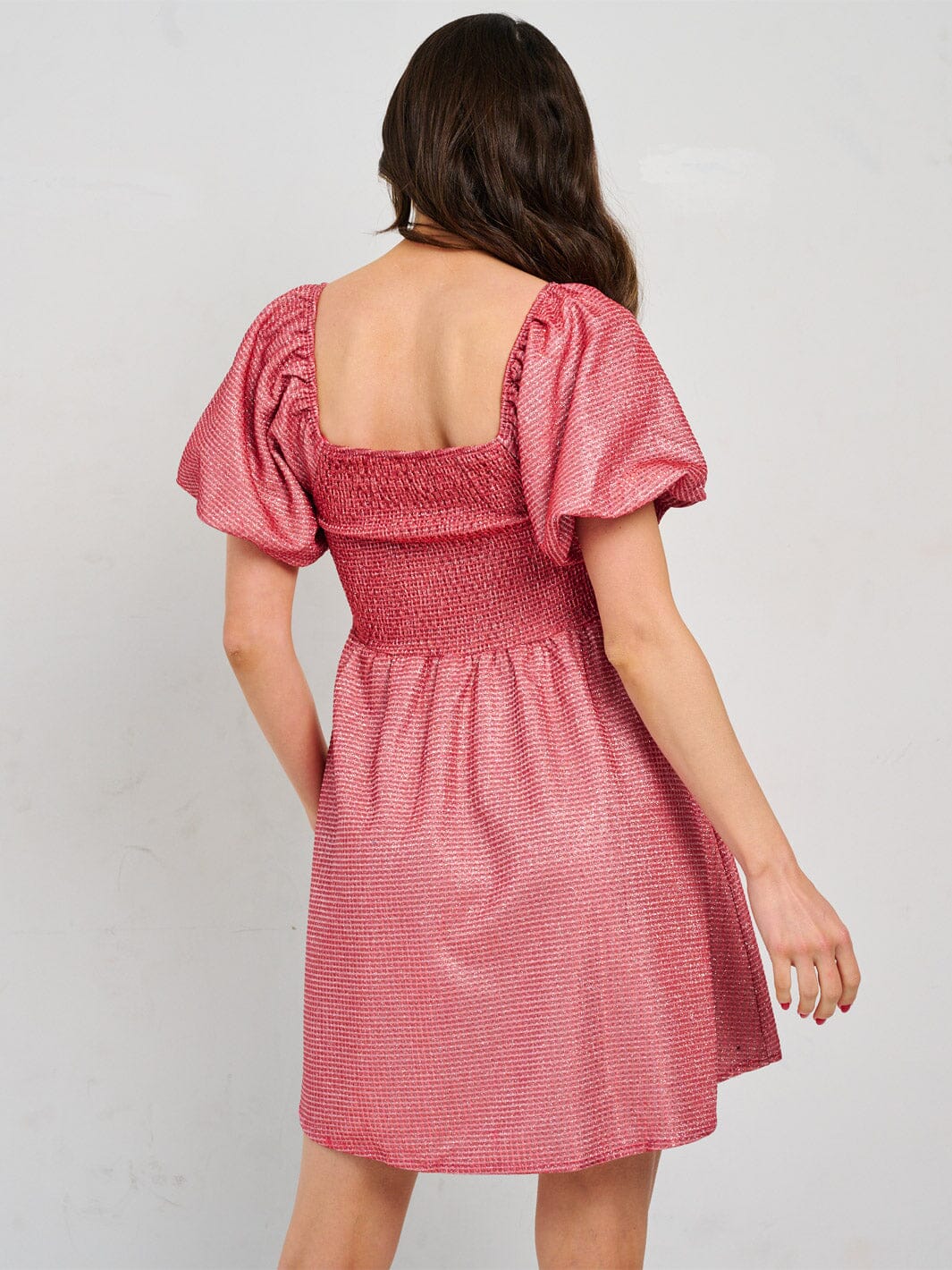 WOMEN'S SHORT PUFF SLEEVE SQUARE NECK SMOCK SEQUINS MINI DRESS