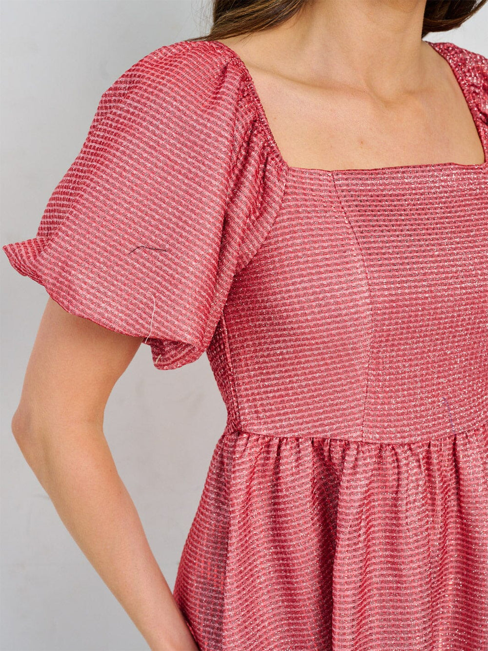 WOMEN'S SHORT PUFF SLEEVE SQUARE NECK SMOCK SEQUINS MINI DRESS