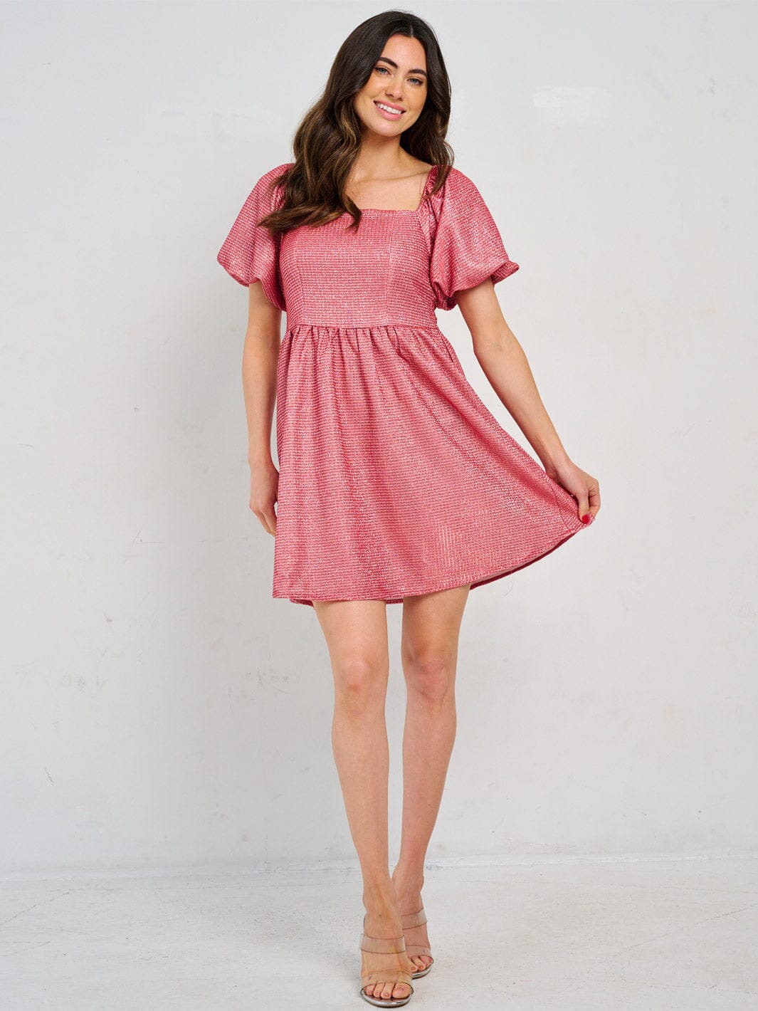 WOMEN'S SHORT PUFF SLEEVE SQUARE NECK SMOCK SEQUINS MINI DRESS