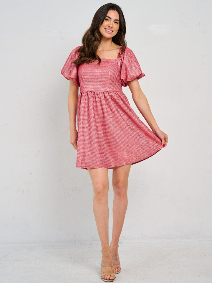 WOMEN'S SHORT PUFF SLEEVE SQUARE NECK SMOCK SEQUINS MINI DRESS