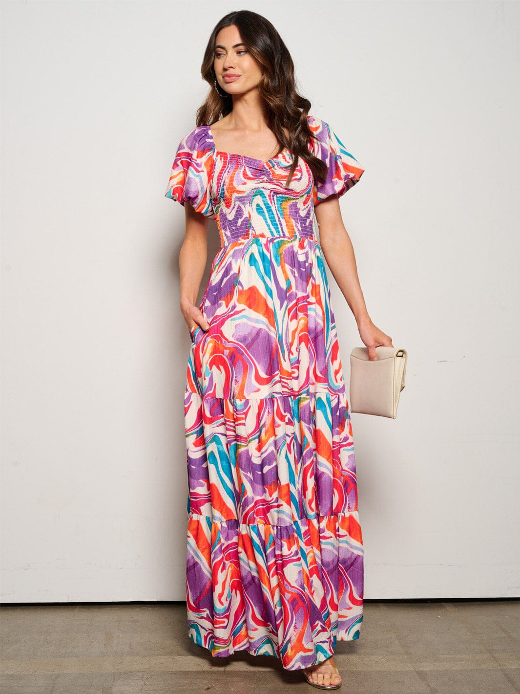 WOMEN'S SHORT PUFF SLEEVE SMOCK PRINTED POCKETS MAXI DRESS