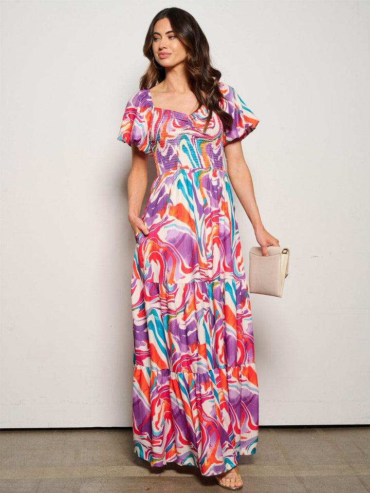WOMEN'S SHORT PUFF SLEEVE SMOCK PRINTED POCKETS MAXI DRESS