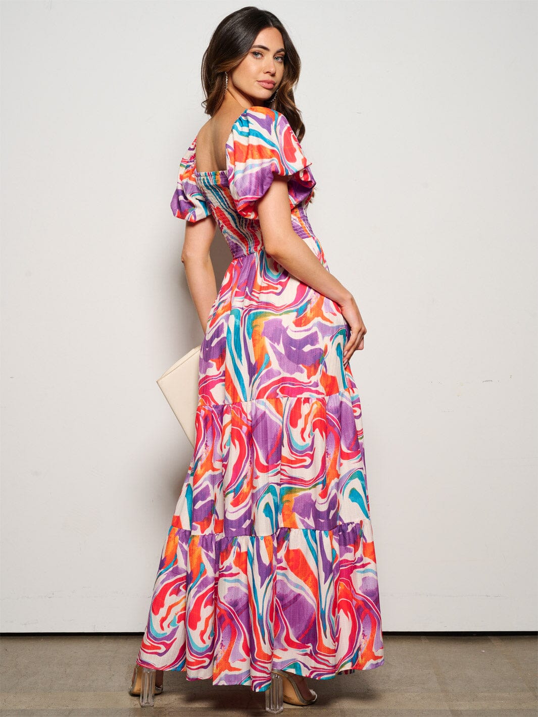 WOMEN'S SHORT PUFF SLEEVE SMOCK PRINTED POCKETS MAXI DRESS