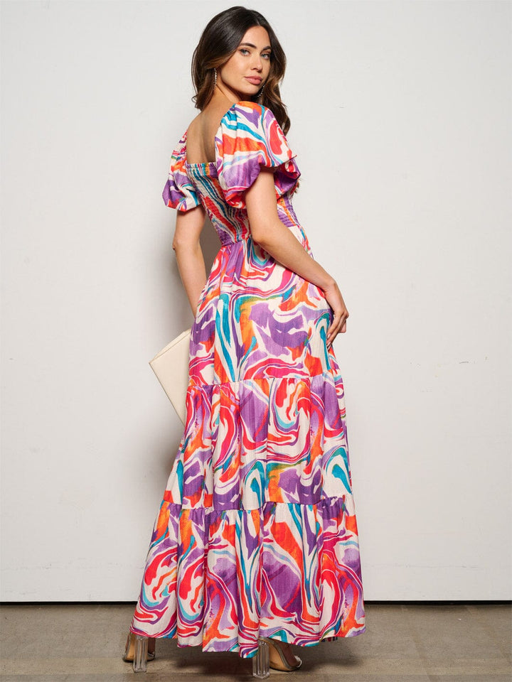 WOMEN'S SHORT PUFF SLEEVE SMOCK PRINTED POCKETS MAXI DRESS