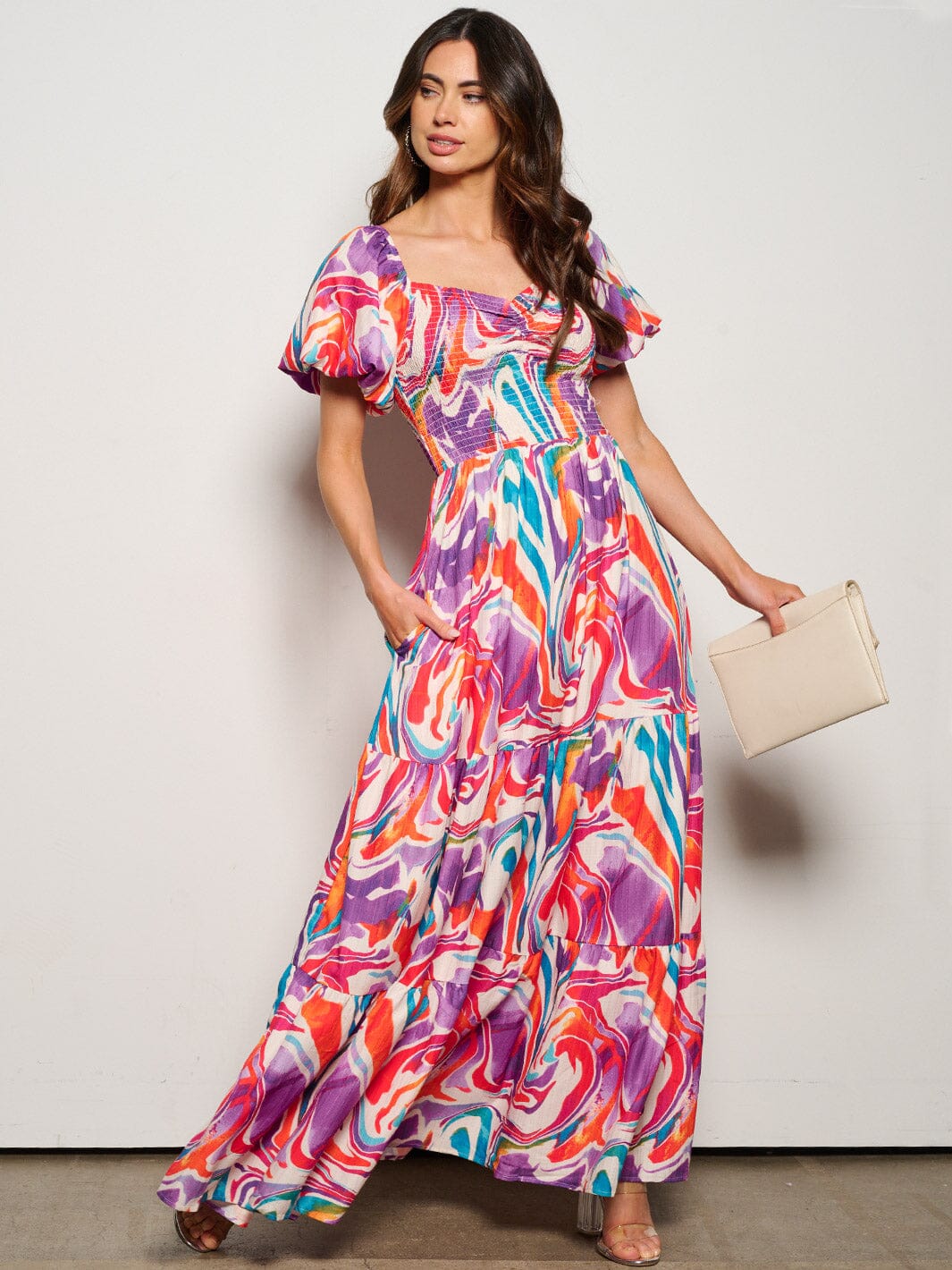 WOMEN'S SHORT PUFF SLEEVE SMOCK PRINTED POCKETS MAXI DRESS