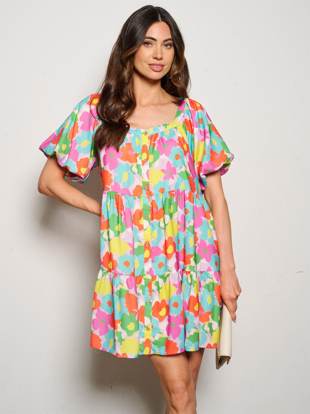 WOMEN'S SHORT PUFF SLEEVE POCKETS TIERED TUNIC FLORAL MINI DRESS