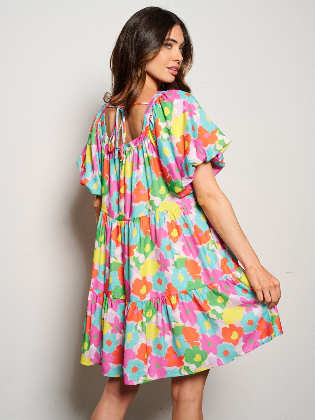 WOMEN'S SHORT PUFF SLEEVE POCKETS TIERED TUNIC FLORAL MINI DRESS