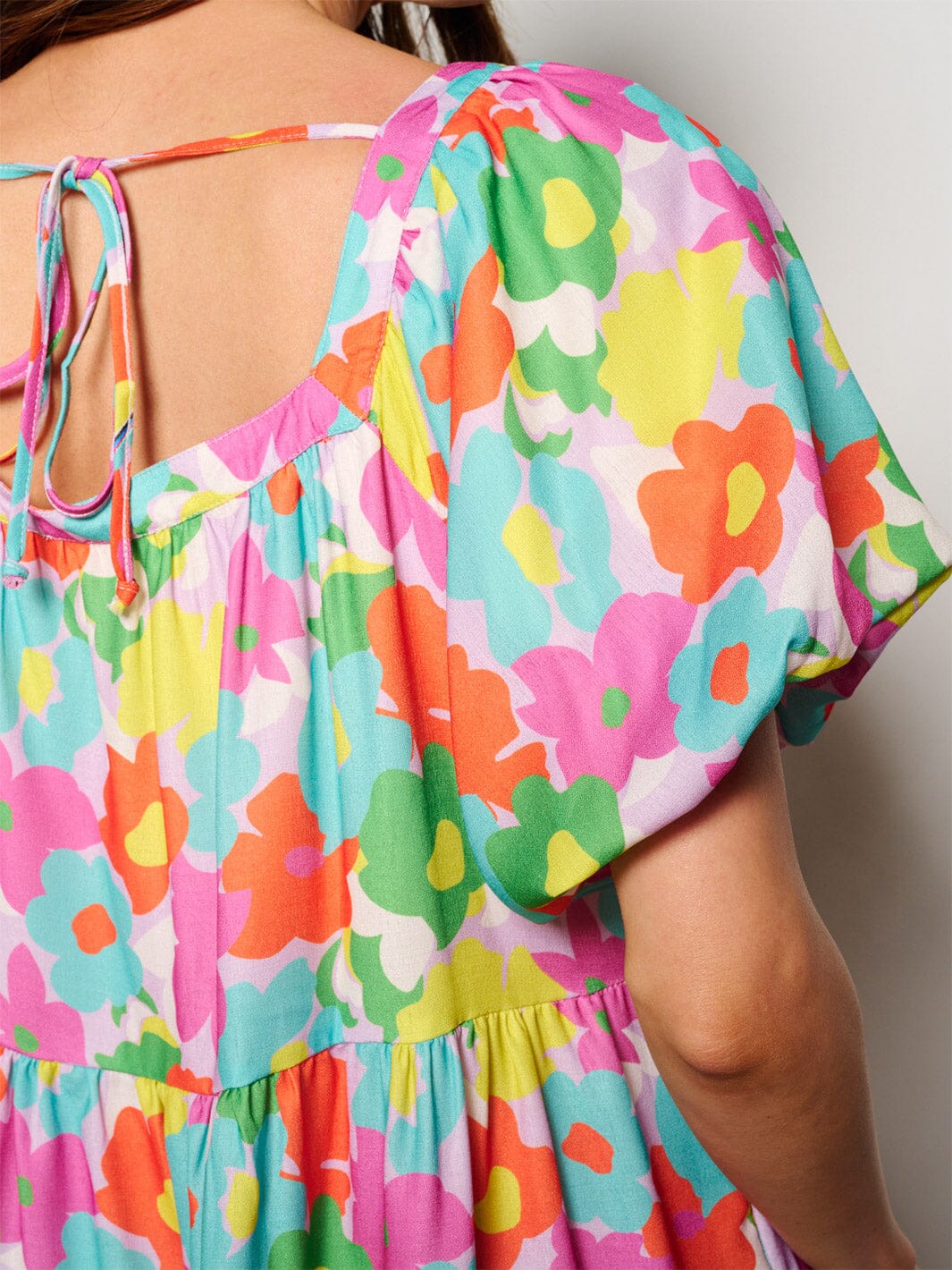 WOMEN'S SHORT PUFF SLEEVE POCKETS TIERED TUNIC FLORAL MINI DRESS