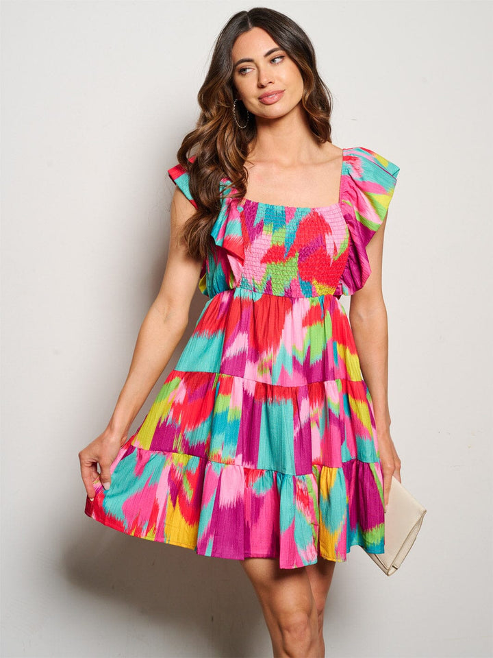 WOMEN'S SLEEVELESS SMOCK PRINTED FIT & FLARE MINI DRESS