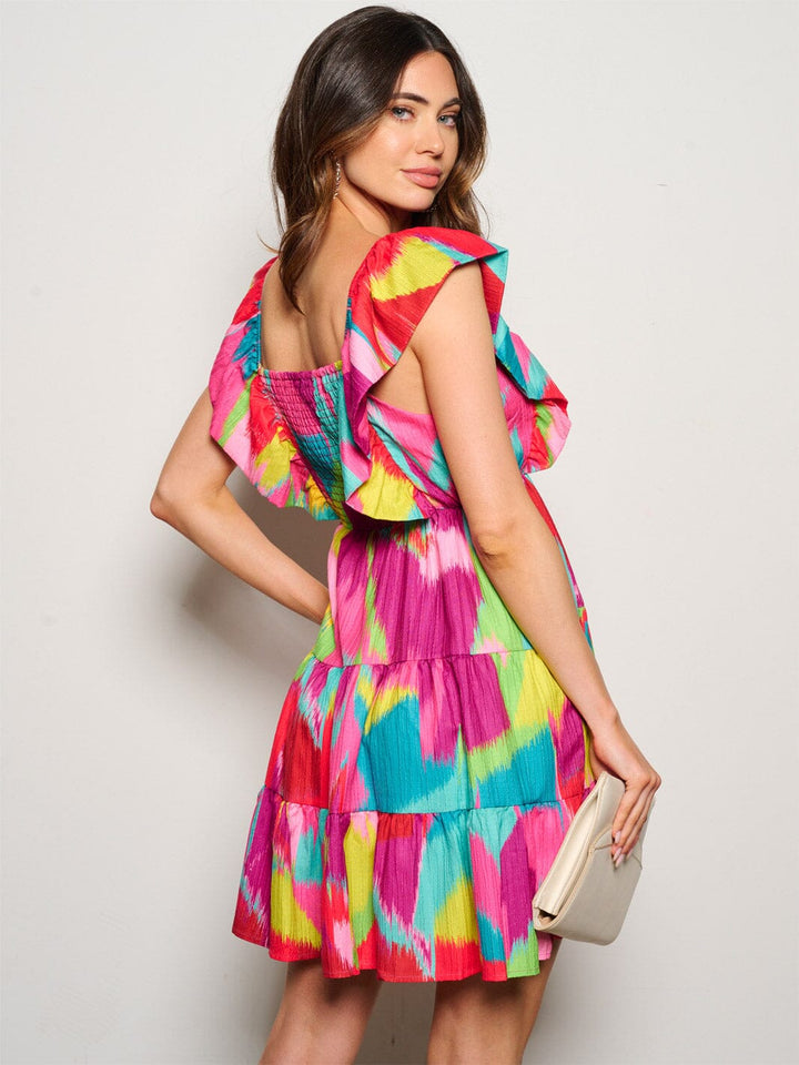 WOMEN'S SLEEVELESS SMOCK PRINTED FIT & FLARE MINI DRESS