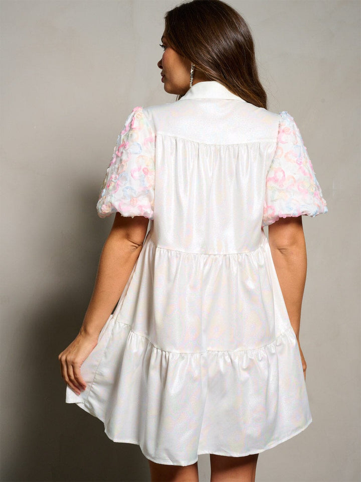 WOMEN'S SHORT DETAILED SLEEVE BUTTON UP TIERED SHIMMER MINI DRESS