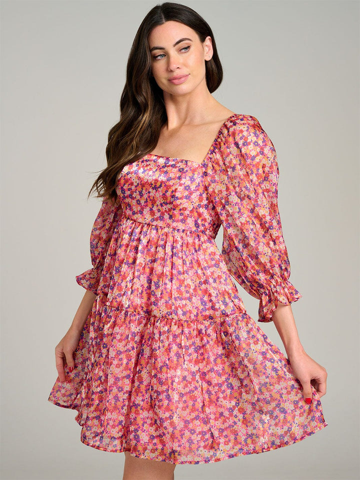 WOMEN'S 3/4 PUFF SLEEVE SQUARE NECK TIERED FLORAL MINI DRESS