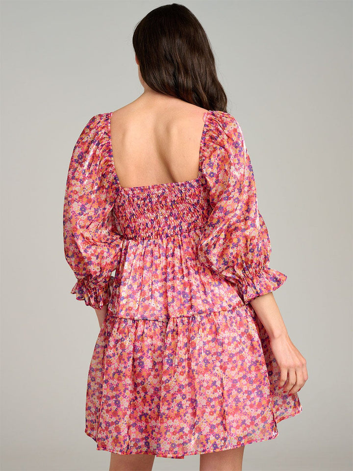 WOMEN'S 3/4 PUFF SLEEVE SQUARE NECK TIERED FLORAL MINI DRESS