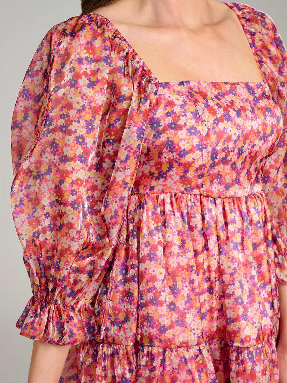WOMEN'S 3/4 PUFF SLEEVE SQUARE NECK TIERED FLORAL MINI DRESS