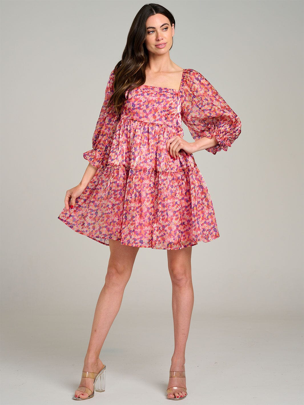 WOMEN'S 3/4 PUFF SLEEVE SQUARE NECK TIERED FLORAL MINI DRESS