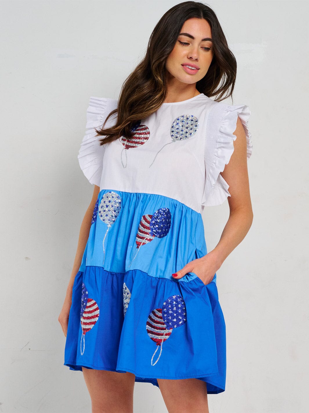 WOMEN'S RUFFLE SLEEVE FRONT POCKETS GRAPHIC SEQUINS COLORBLOCK MINI DRESS