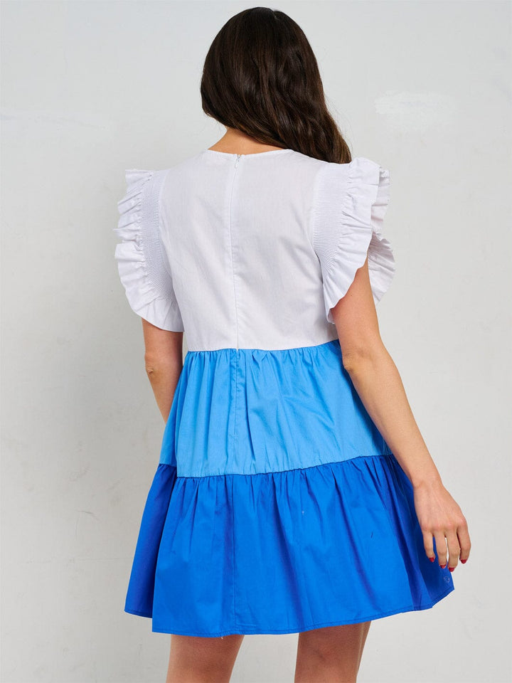 WOMEN'S RUFFLE SLEEVE FRONT POCKETS GRAPHIC SEQUINS COLORBLOCK MINI DRESS