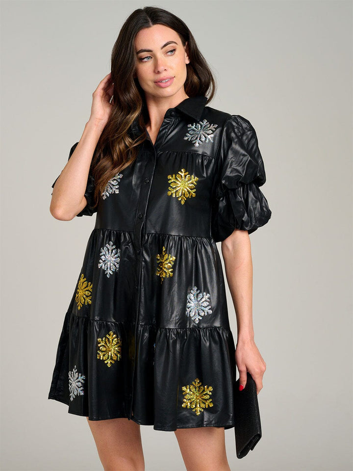 WOMEN'S SHORT PUFF SLEEVE BUTTON UP TIERED SEQUINS PU PLEATHER MINI DRESS