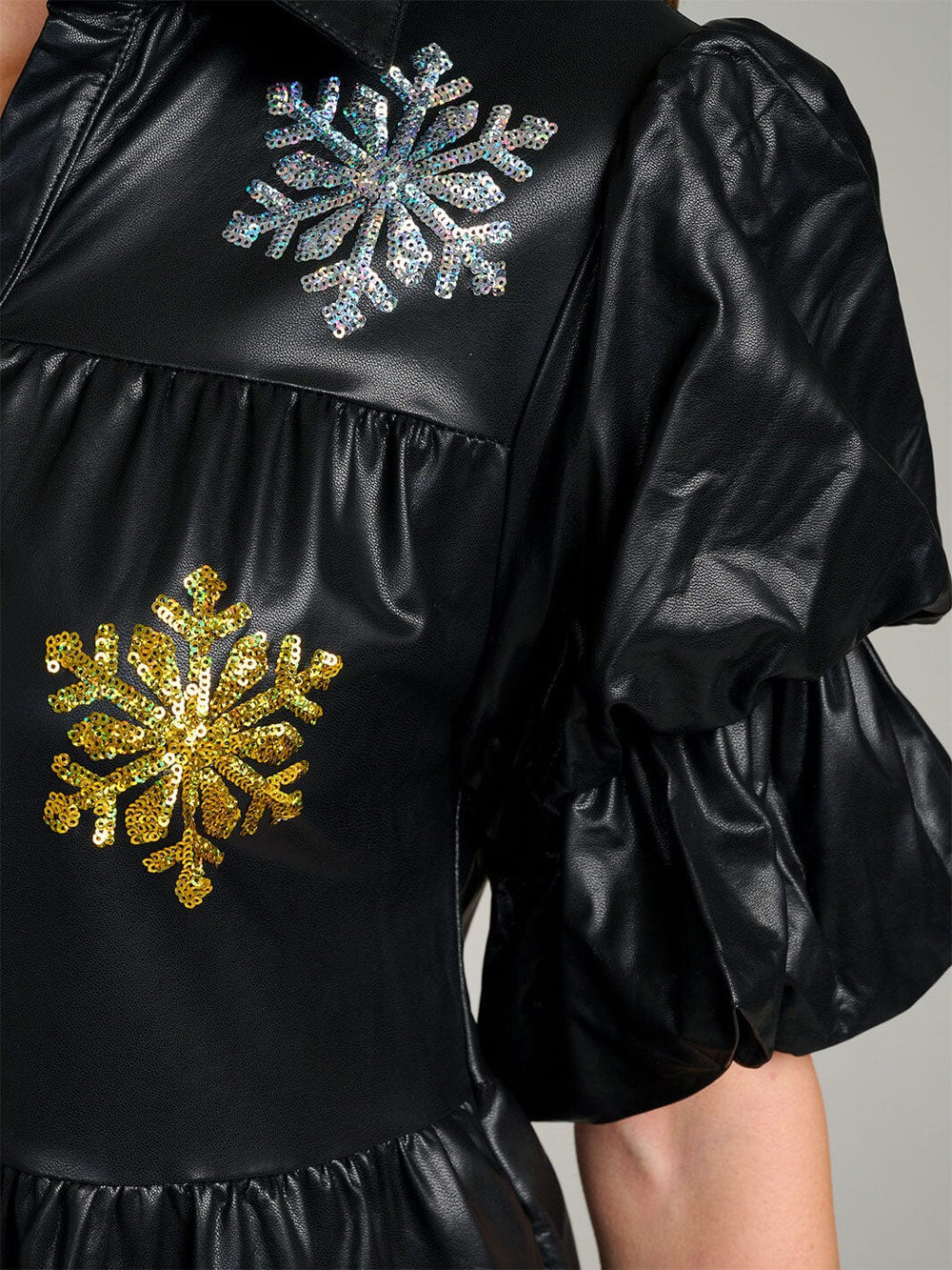 WOMEN'S SHORT PUFF SLEEVE BUTTON UP TIERED SEQUINS PU PLEATHER MINI DRESS