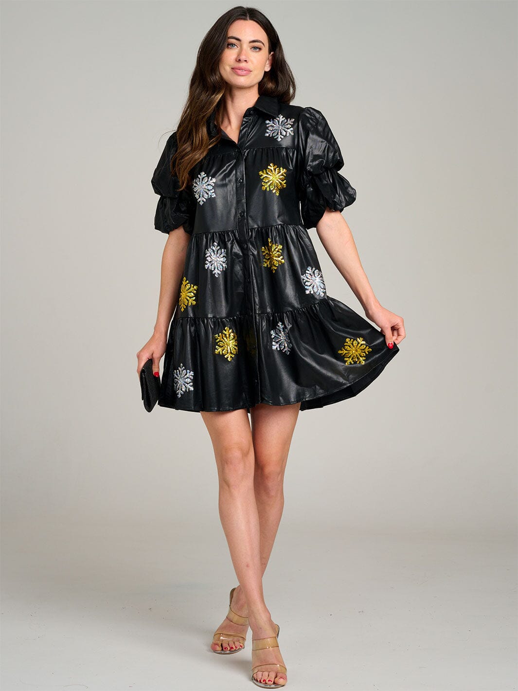 WOMEN'S SHORT PUFF SLEEVE BUTTON UP TIERED SEQUINS PU PLEATHER MINI DRESS