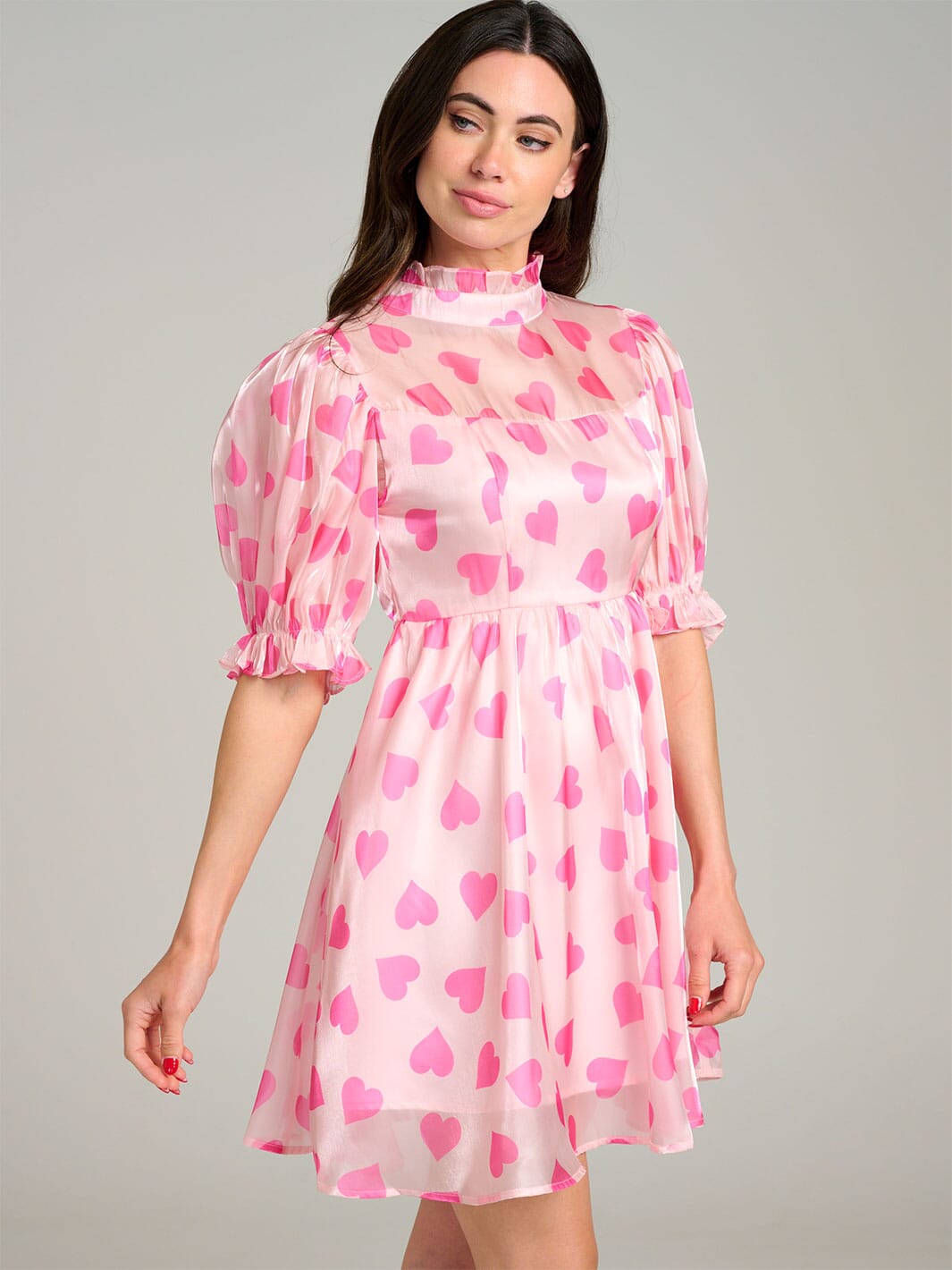 WOMEN'S SHORT PUFF SLEEVE MOCK NECK HEART PRINT MINI DRESS