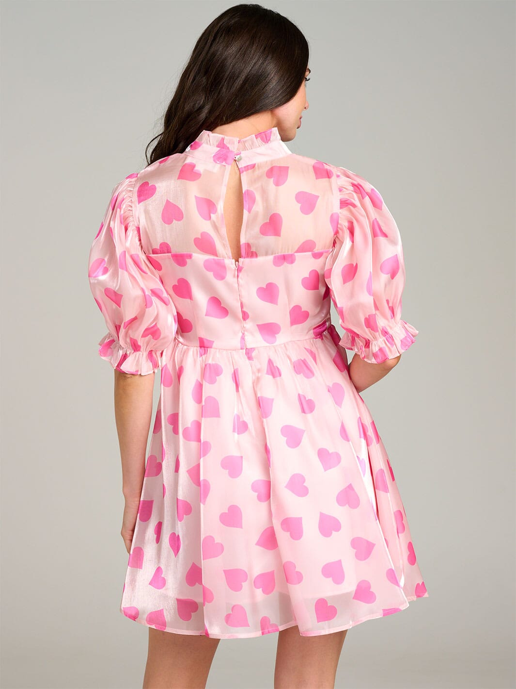 WOMEN'S SHORT PUFF SLEEVE MOCK NECK HEART PRINT MINI DRESS