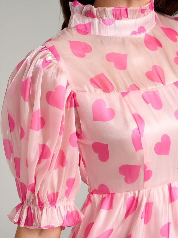 WOMEN'S SHORT PUFF SLEEVE MOCK NECK HEART PRINT MINI DRESS