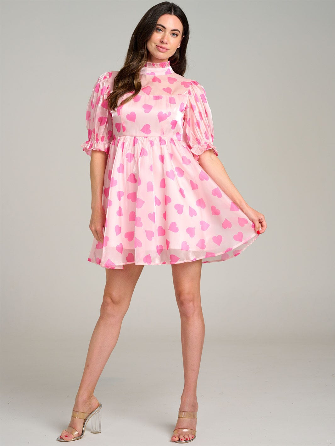 WOMEN'S SHORT PUFF SLEEVE MOCK NECK HEART PRINT MINI DRESS