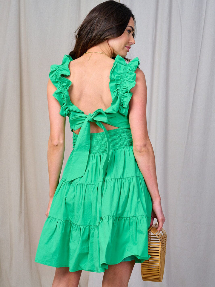 WOMEN'S SLEEVELESS RUFFLE OPEN BACK TIERES FIT & FLARE MINI DRESS