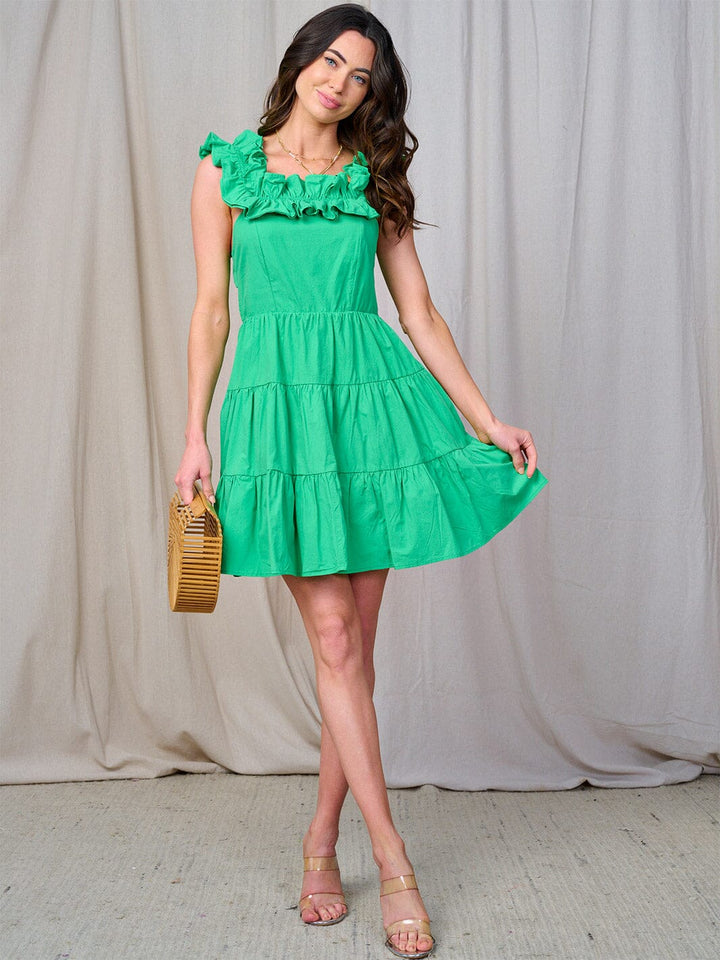WOMEN'S SLEEVELESS RUFFLE OPEN BACK TIERES FIT & FLARE MINI DRESS