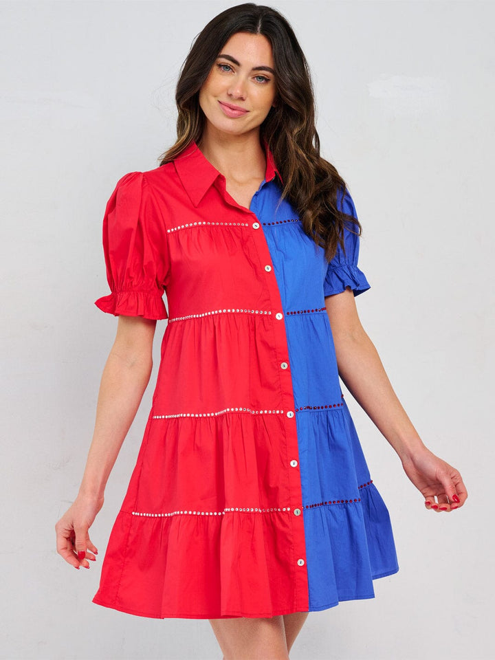 WOMEN'S SHORT PUFF SLEEVE FRONT POCKETS BUTTON CLOSURE COLORBLOCK MINI DRESS