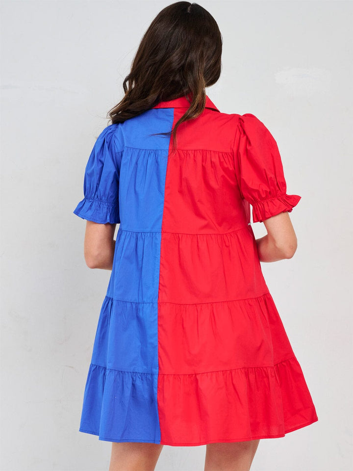 WOMEN'S SHORT PUFF SLEEVE FRONT POCKETS BUTTON CLOSURE COLORBLOCK MINI DRESS