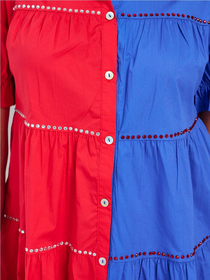 WOMEN'S SHORT PUFF SLEEVE FRONT POCKETS BUTTON CLOSURE COLORBLOCK MINI DRESS