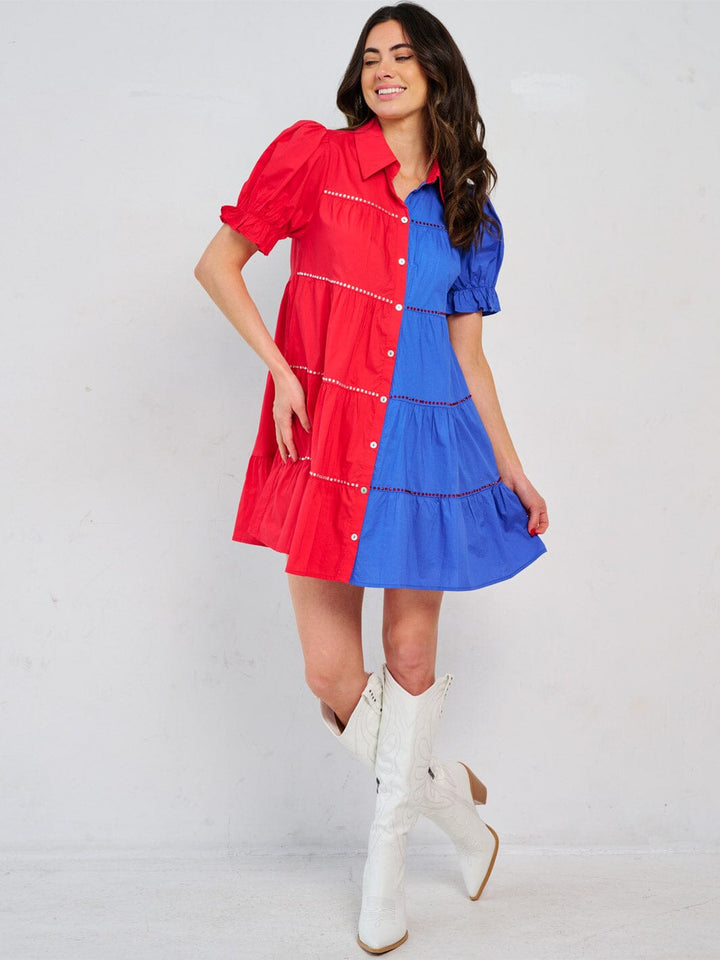 WOMEN'S SHORT PUFF SLEEVE FRONT POCKETS BUTTON CLOSURE COLORBLOCK MINI DRESS