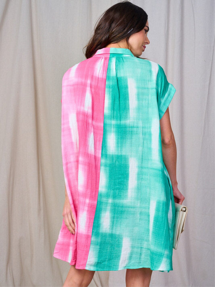 WOMEN'S SHORT SLEEVE FRONT POCKETS BUTTON UP TUNIC TIE DYE MINI DRESS