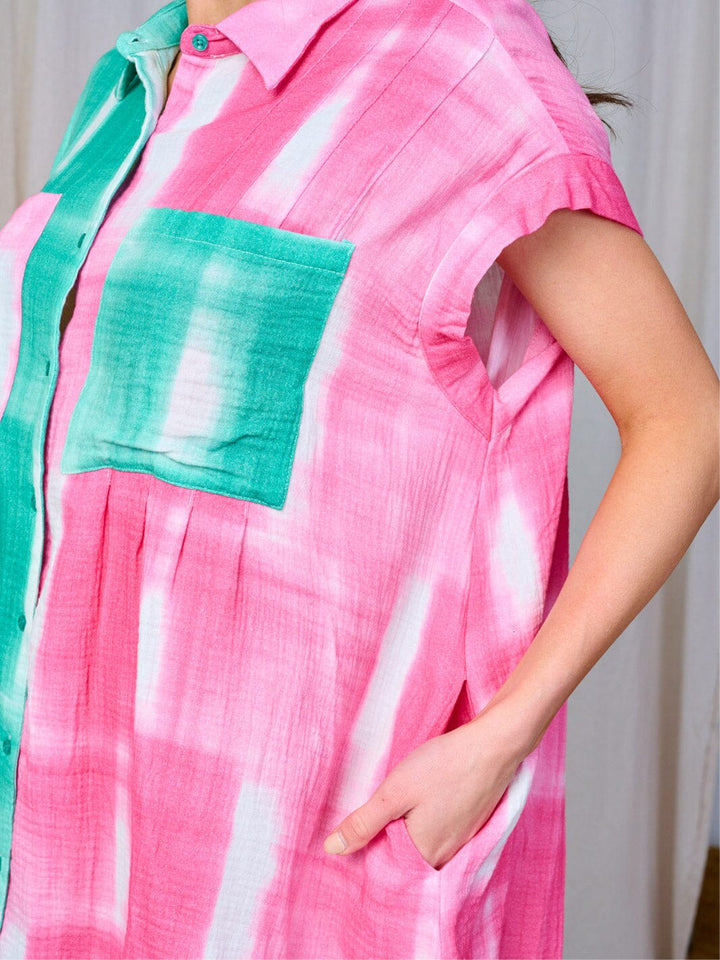 WOMEN'S SHORT SLEEVE FRONT POCKETS BUTTON UP TUNIC TIE DYE MINI DRESS